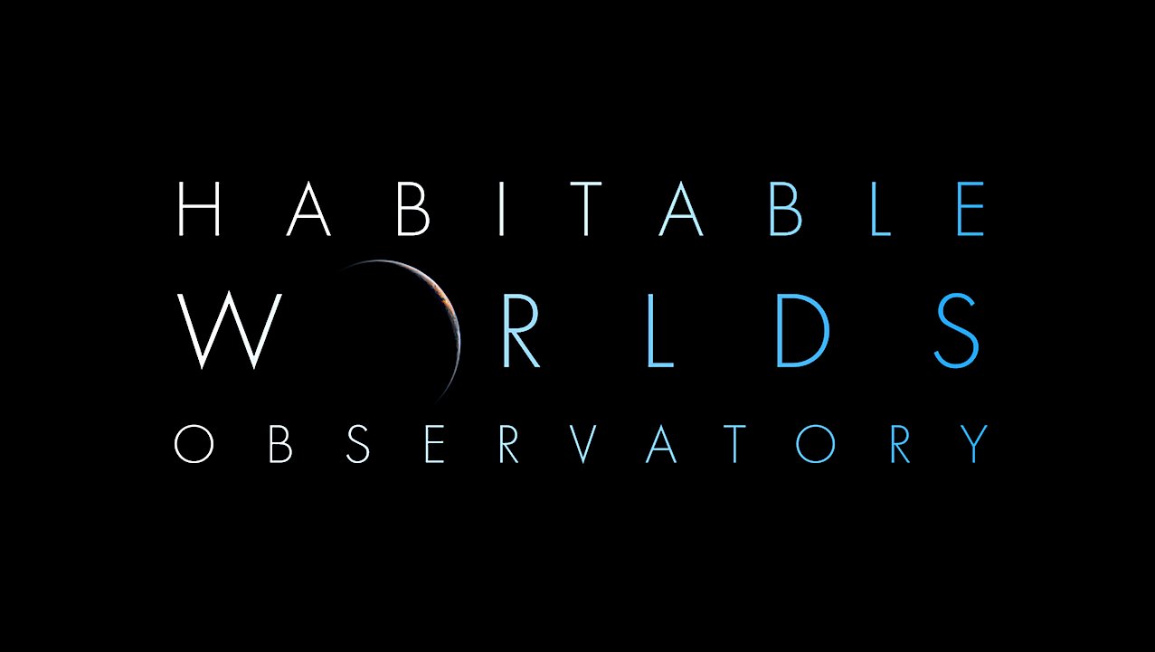Logo for Habitble Worlds Observatory with text and a partial view of a planet against a black background.