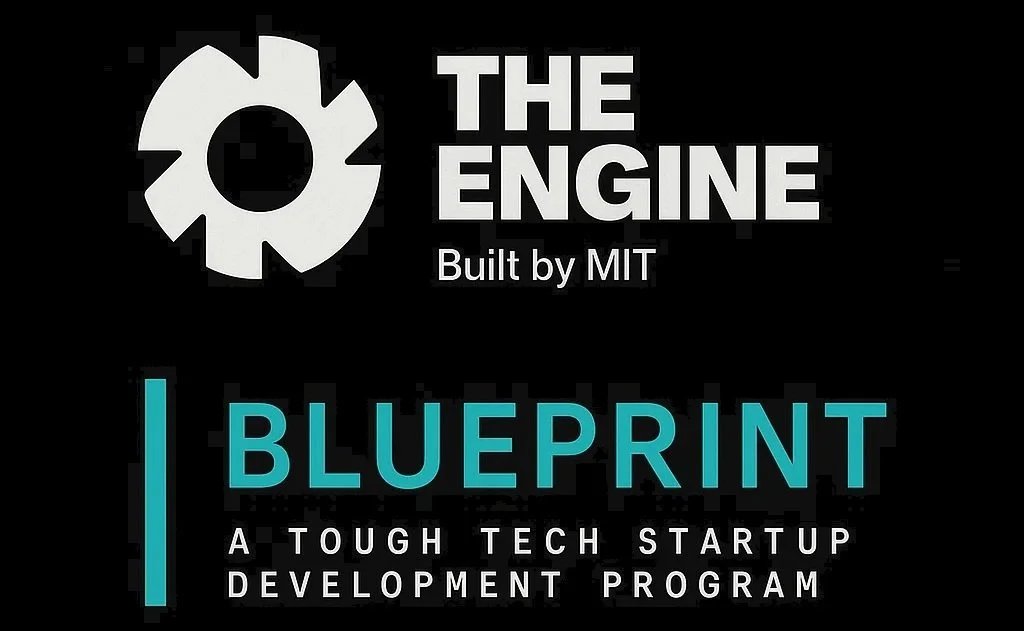 Logo featuring a gear icon with the text "The Engine Built by MIT" and the word "BLUEPRINT" in large blue letters, with a description of a tech startup development program.