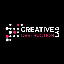 Logo for Creative Destruction Lab with pink and white dots and text on a black background.