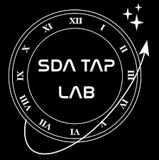 A black background with a clock face design featuring Roman numerals, the text 'SDA TAP LAB' in the center, and celestial symbols like stars and an arrow.